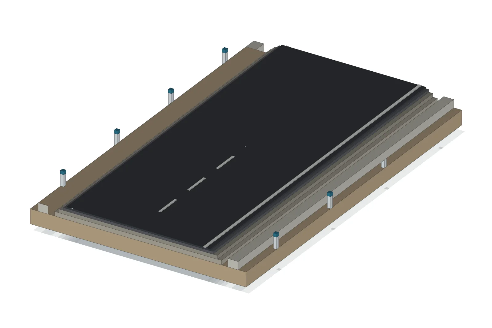3D render of a road corridor showing pavement layers, drains and markings